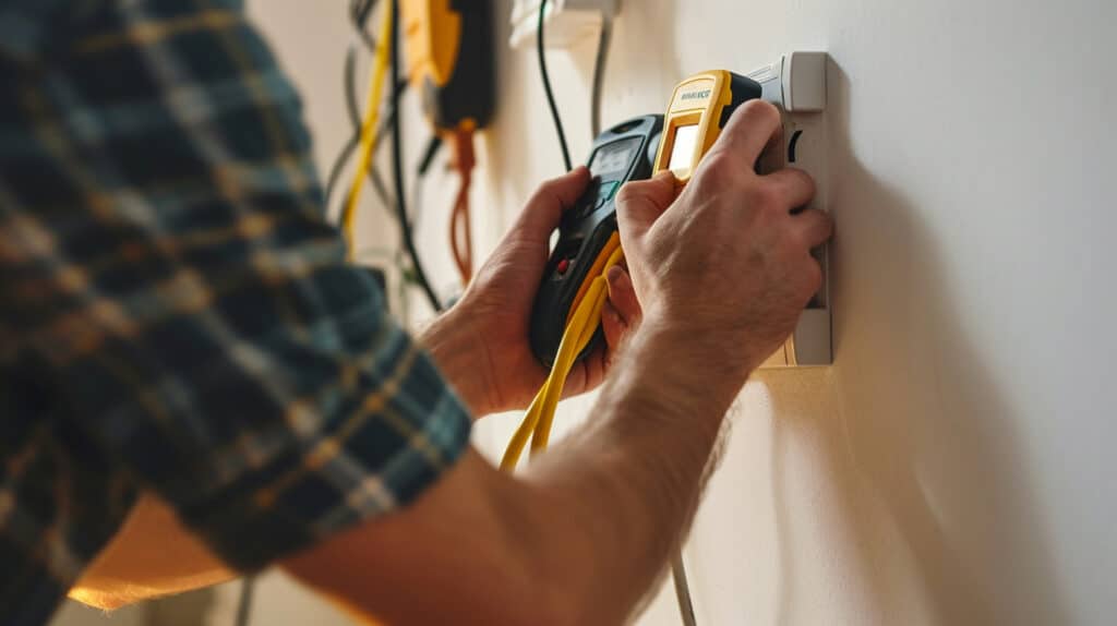 Man using digital multimeter while installing home